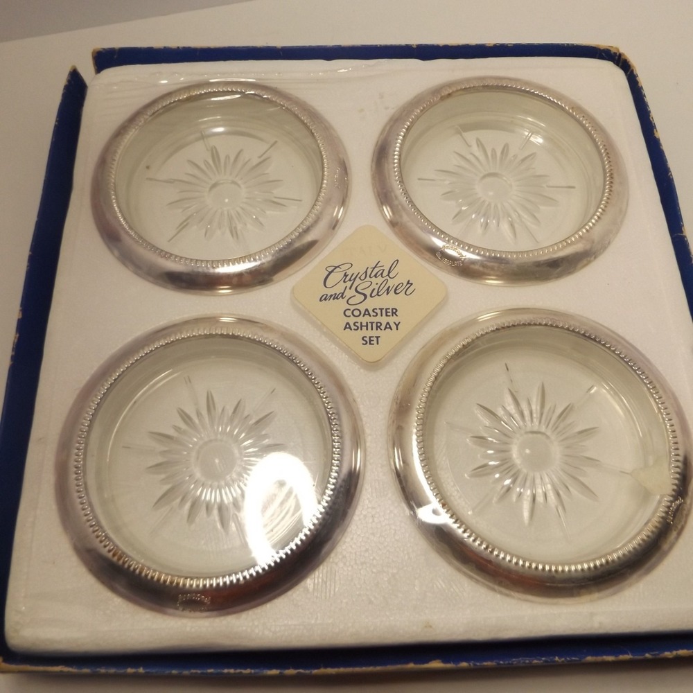 Italian Crystal & Silver Plated Coasters By Leonard With Original Box Set Of 4